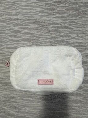 Lancome White Plush Cosmetic Bag with Pink Logo Tab